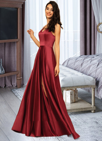 Emery A-Line V-neck Floor-Length Satin Bridesmaid Dress UKP0016961