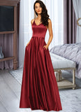 Emery A-Line V-neck Floor-Length Satin Bridesmaid Dress UKP0016961