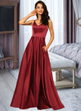 Emery A-Line V-neck Floor-Length Satin Bridesmaid Dress UKP0016961