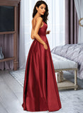 Emery A-Line V-neck Floor-Length Satin Bridesmaid Dress UKP0016961