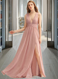 Mina A-Line V-neck Floor-Length Chiffon Bridesmaid Dress UKP0016962