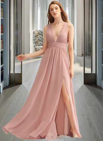 Mina A-Line V-neck Floor-Length Chiffon Bridesmaid Dress UKP0016962