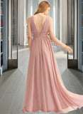 Mina A-Line V-neck Floor-Length Chiffon Bridesmaid Dress UKP0016962