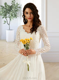 Claudia A-Line V-neck Sweep Train Chiffon Wedding Dress With Lace UKP0016967