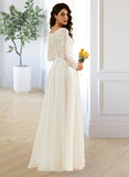 Claudia A-Line V-neck Sweep Train Chiffon Wedding Dress With Lace UKP0016967