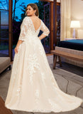 Itzel A-Line V-neck Court Train Tulle Lace Wedding Dress With Sequins UKP0016968