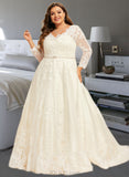 Laci Ball-Gown/Princess V-neck Chapel Train Tulle Lace Wedding Dress With Beading Sequins UKP0016970