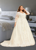 Laci Ball-Gown/Princess V-neck Chapel Train Tulle Lace Wedding Dress With Beading Sequins UKP0016970