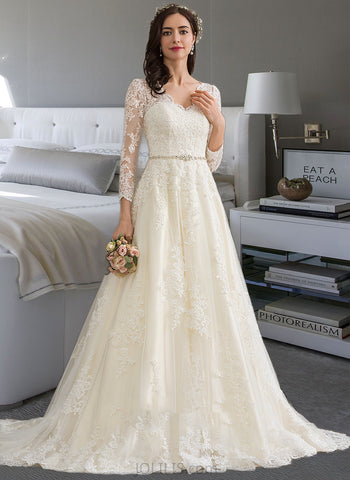 Laci Ball-Gown/Princess V-neck Chapel Train Tulle Lace Wedding Dress With Beading Sequins UKP0016970