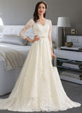 Laci Ball-Gown/Princess V-neck Chapel Train Tulle Lace Wedding Dress With Beading Sequins UKP0016970