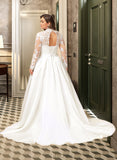 Morgan Ball-Gown/Princess V-neck Court Train Satin Lace Wedding Dress With Bow(s) UKP0016971