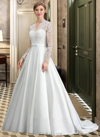 Morgan Ball-Gown/Princess V-neck Court Train Satin Lace Wedding Dress With Bow(s) UKP0016971