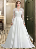 Morgan Ball-Gown/Princess V-neck Court Train Satin Lace Wedding Dress With Bow(s) UKP0016971