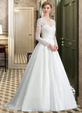 Morgan Ball-Gown/Princess V-neck Court Train Satin Lace Wedding Dress With Bow(s) UKP0016971