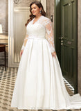 Morgan Ball-Gown/Princess V-neck Court Train Satin Lace Wedding Dress With Bow(s) UKP0016971