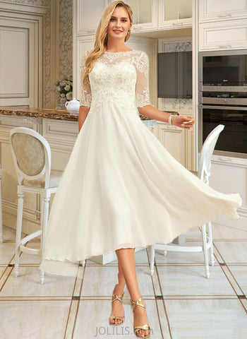 Jaden A-Line Scoop Neck Asymmetrical Chiffon Lace Wedding Dress With Beading Sequins UKP0016972