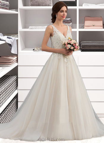 Elisa Ball-Gown/Princess V-neck Court Train Tulle Lace Wedding Dress UKP0016973