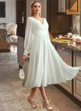 LuLu A-Line V-neck Tea-Length Chiffon Wedding Dress UKP0016974