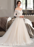 Rowan Ball-Gown/Princess Off-the-Shoulder Chapel Train Tulle Lace Wedding Dress UKP0016975