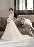 Rowan Ball-Gown/Princess Off-the-Shoulder Chapel Train Tulle Lace Wedding Dress UKP0016975