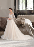 Rowan Ball-Gown/Princess Off-the-Shoulder Chapel Train Tulle Lace Wedding Dress UKP0016975