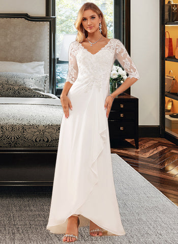 Aliza A-Line V-neck Asymmetrical Chiffon Lace Wedding Dress With Ruffle Lace UKP0016976