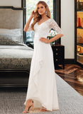 Aliza A-Line V-neck Asymmetrical Chiffon Lace Wedding Dress With Ruffle Lace UKP0016976