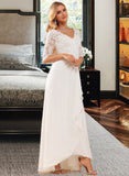 Aliza A-Line V-neck Asymmetrical Chiffon Lace Wedding Dress With Ruffle Lace UKP0016976