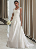 Violet Ball-Gown/Princess V-neck Sweep Train Satin Lace Wedding Dress With Ruffle Beading Sequins UKP0016977