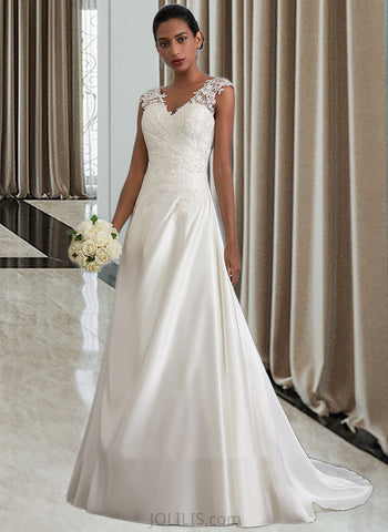 Violet Ball-Gown/Princess V-neck Sweep Train Satin Lace Wedding Dress With Ruffle Beading Sequins UKP0016977