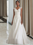 Violet Ball-Gown/Princess V-neck Sweep Train Satin Lace Wedding Dress With Ruffle Beading Sequins UKP0016977