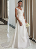 Violet Ball-Gown/Princess V-neck Sweep Train Satin Lace Wedding Dress With Ruffle Beading Sequins UKP0016977