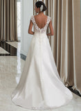 Violet Ball-Gown/Princess V-neck Sweep Train Satin Lace Wedding Dress With Ruffle Beading Sequins UKP0016977