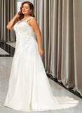 Violet Ball-Gown/Princess V-neck Sweep Train Satin Lace Wedding Dress With Ruffle Beading Sequins UKP0016977