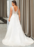 Violet Ball-Gown/Princess V-neck Sweep Train Satin Lace Wedding Dress With Ruffle Beading Sequins UKP0016977