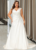 Violet Ball-Gown/Princess V-neck Sweep Train Satin Lace Wedding Dress With Ruffle Beading Sequins UKP0016977