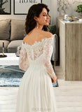 Natalya A-Line Off-the-Shoulder Sweep Train Chiffon Wedding Dress With Lace UKP0016980