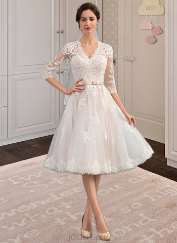 Leilani A-Line V-neck Knee-Length Tulle Lace Wedding Dress With Bow(s) UKP0016982