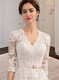 Leilani A-Line V-neck Knee-Length Tulle Lace Wedding Dress With Bow(s) UKP0016982