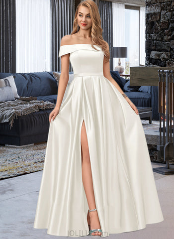 Maddison Ball-Gown/Princess Off-the-Shoulder Floor-Length Satin Wedding Dress UKP0016983