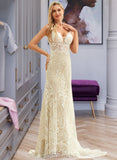 Sherlyn Trumpet/Mermaid V-neck Chapel Train Tulle Lace Wedding Dress UKP0016985