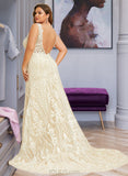 Sherlyn Trumpet/Mermaid V-neck Chapel Train Tulle Lace Wedding Dress UKP0016985