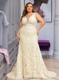 Sherlyn Trumpet/Mermaid V-neck Chapel Train Tulle Lace Wedding Dress UKP0016985