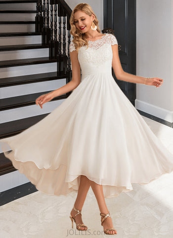 Sam A-Line Scoop Neck Asymmetrical Chiffon Lace Wedding Dress UKP0016988