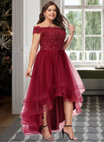 Amber A-Line Off-the-Shoulder Asymmetrical Tulle Lace Wedding Dress With Beading Bow(s) UKP0016989