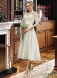 Jocelynn A-Line Illusion Tea-Length Satin Wedding Dress With Lace UKP0016992