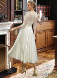 Jocelynn A-Line Illusion Tea-Length Satin Wedding Dress With Lace UKP0016992