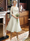 Jocelynn A-Line Illusion Tea-Length Satin Wedding Dress With Lace UKP0016992