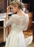 Jocelynn A-Line Illusion Tea-Length Satin Wedding Dress With Lace UKP0016992