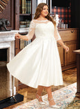 Jocelynn A-Line Illusion Tea-Length Satin Wedding Dress With Lace UKP0016992